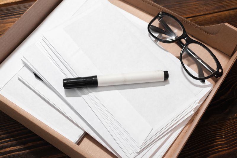 A pen, text, accessories, glasses, and a document.