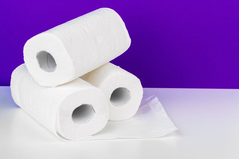 A stack of paper towels, tissue, and toilet paper.