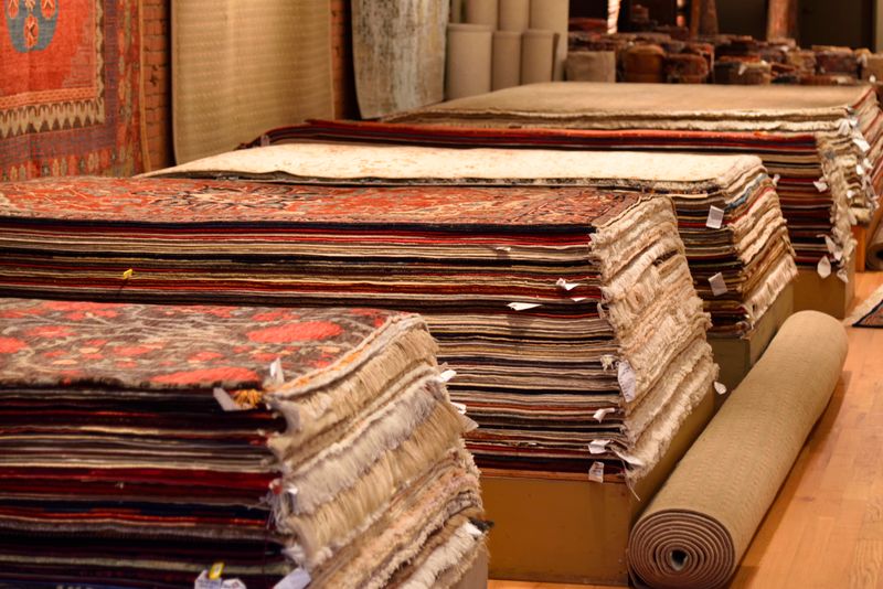 A home decor linen rug on a wooden floor.