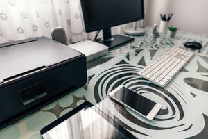 A table, computer hardware, electronics, computer keyboard, mobile phone, monitor, PC, tabletop,